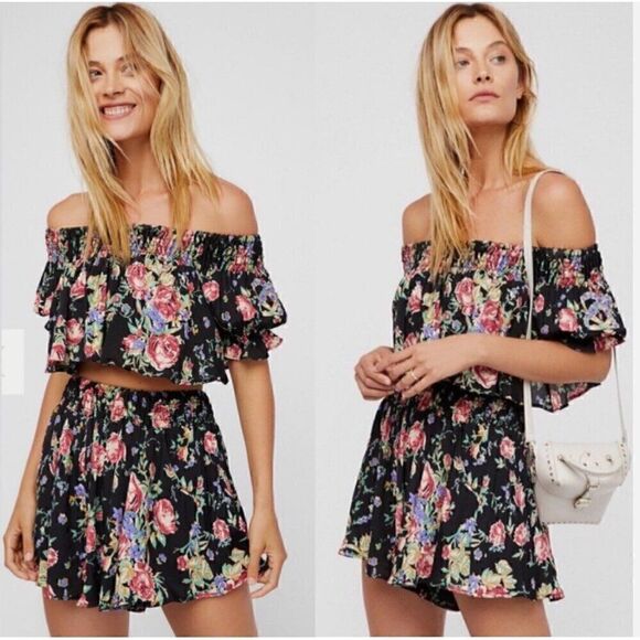 Free People BLK Floral Flowy Short Set Cottagecore Summer Festival XS Coquette - Picture 1 of 12